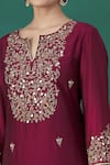 Shop_Asaga_Maroon Embroidered Thread Notched Kurta Pant Set _Online_at_Aza_Fashions