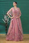 Buy_Priyaa_Pink Embroidered Cape And Lehenga Set_at_Aza_Fashions