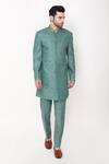 Manish Nagdeo_Green Ruby Cotton Silk Block Printed Bandhgala And Pant Set _Online_at_Aza_Fashions