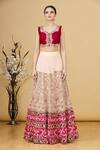 Masumi Mewawalla_Beige Embroidered Zardozi V Neck Bridal Lehenga Set _Online_at_Aza_Fashions