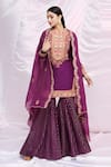 Buy_Petticoat Lane By Divya_Purple Cape Organza, Sharara Brocade Floral Motifs, Mirror Work Cape Set With _at_Aza_Fashions