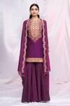 Petticoat Lane By Divya_Purple Cape Organza, Sharara Brocade Floral Motifs, Mirror Work Cape Set With _Online_at_Aza_Fashions