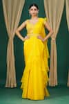 Buy_Asaga_Yellow Embroidered Floral Sweetheart Neck Pre-draped Ruffle Saree Set _at_Aza_Fashions
