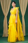 Asaga_Yellow Embroidered Floral Sweetheart Neck Pre-draped Ruffle Saree Set _Online_at_Aza_Fashions