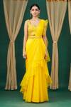 Buy_Asaga_Yellow Embroidered Floral Sweetheart Neck Pre-draped Ruffle Saree Set _Online_at_Aza_Fashions