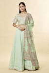 Romaa_Green Embroidered Chikankari V Neck Bridal Lehenga Set  _Online_at_Aza_Fashions