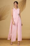 Buy_Rajat K Tangri_Pink Georgette Cutdana And Sequin, Beads One Shoulder Pre-draped Jumpsuit Saree _at_Aza_Fashions