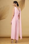 Shop_Rajat K Tangri_Pink Georgette Cutdana And Sequin, Beads One Shoulder Pre-draped Jumpsuit Saree _at_Aza_Fashions