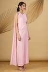 Rajat K Tangri_Pink Georgette Cutdana And Sequin, Beads One Shoulder Pre-draped Jumpsuit Saree _Online_at_Aza_Fashions