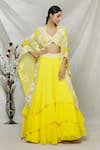 Mishru_Yellow Embroidery Mirror V Neck Floral Cape Lehenga Set  _Online_at_Aza_Fashions