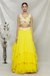 Shop_Mishru_Yellow Embroidery Mirror V Neck Floral Cape Lehenga Set  _Online_at_Aza_Fashions