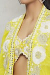 Mishru_Yellow Embroidery Mirror V Neck Floral Cape Lehenga Set  _at_Aza_Fashions