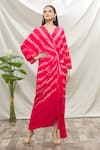 Buy_Nupur Kanoi_Coral Crepe Print Stripes V Neck Wrap Dress  _at_Aza_Fashions