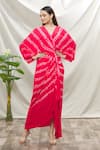 Buy_Nupur Kanoi_Coral Crepe Print Stripes V Neck Wrap Dress  _Online_at_Aza_Fashions