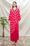 Shop_Nupur Kanoi_Coral Crepe Print Stripes V Neck Wrap Dress  _Online_at_Aza_Fashions