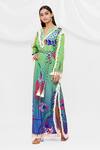 Pria Kataria Puri_Blue Crepe Floral Notched Pattern Tassel Sleeve Dress _Online_at_Aza_Fashions