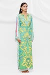 Shop_Pria Kataria Puri_Green Crepe Floral Notched Pattern Dress  _Online_at_Aza_Fashions