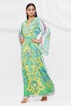 Pria Kataria Puri_Green Crepe Floral Notched Pattern Dress  _Online_at_Aza_Fashions