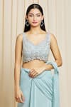 Izzumi Mehta Blue Georgette Floral V Neck Hand Embroidered Pre-stitched Saree With Blouse at Aza Fashions Izzumi Mehta_Blue Georgette Floral V Neck Hand Embroidered Pre-stitched Saree With Blouse _at_Aza_Fashions