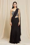 Izzumi Mehta Black Georgette Stripe Sweetheart Neck Embroidered Pre-draped Skirt Saree Online at Aza Fashions Izzumi Mehta_Black Georgette Stripe Sweetheart Neck Embroidered Pre-draped Skirt Saree _Online_at_Aza_Fashions