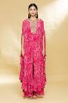 Arpita Mehta_Red Crepe Silk Floral Print Cape Style Tunic And Pant Set_Online_at_Aza_Fashions
