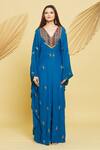 Rajat K Tangri_Blue Crepe Tassels V-neck Embroidered Motifs Draped Jumpsuit _at_Aza_Fashions