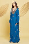 Rajat K Tangri_Blue Crepe Tassels V-neck Embroidered Motifs Draped Jumpsuit _Online_at_Aza_Fashions