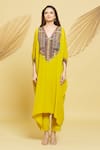 Rajat K Tangri_Yellow Crepe Embroidered V Neck Multi Yoke Kaftan Kurta And Pant Set _Online_at_Aza_Fashions