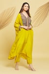 Buy_Rajat K Tangri_Yellow Crepe Embroidered V Neck Multi Yoke Kaftan Kurta And Pant Set _Online_at_Aza_Fashions