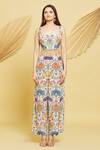 Rajat K Tangri_Ivory Crepe, Georgette Tassels Botanical Pattern Ruched Jacket And Pant Set _Online_at_Aza_Fashions