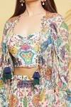 Rajat K Tangri_Ivory Crepe, Georgette Tassels Botanical Pattern Ruched Jacket And Pant Set _at_Aza_Fashions