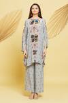 Rajat K Tangri_Gray Crepe Floral Boat Kaftan Tunic And Pant Set _Online_at_Aza_Fashions