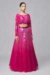 Buy_Amit Aggarwal_Fuchsia Tulle Embroidered Striped Boat Metallic Lehenga Set _Online_at_Aza_Fashions