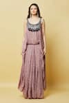 Nupur Kanoi_Pink B Crepe And Embroidery Floral Scoop Neck Maxi Dress  _at_Aza_Fashions