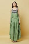 Nupur Kanoi_Green Silk, Brocade Mirrors, Beads Scoop Neck Embroidered Yoke Jumpsuit_at_Aza_Fashions