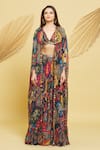 Buy_Rajat K Tangri_Multi Color Georgette Mughal Motifs Blouse V Jaal Long Cape And Flared Pant Set _Online_at_Aza_Fashions