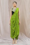 Nupur Kanoi_Green Crepe Print Bandhani Round Neck Dhoti Saree With Blouse  _at_Aza_Fashions