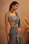 Aneesh Agarwaal_Blue Chinon Chiffon Abstract Print, Mirror, Sequin Pre-draped Saree With Blouse _Online_at_Aza_Fashions
