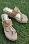 Shop_Modanta Footwear_Cream Gold Gota Embroidered Kolhapuri Wedges _at_Aza_Fashions