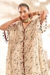 Aditi Somani_Beige Georgette Printed Tie-dye V Neck Kaftan _Online_at_Aza_Fashions