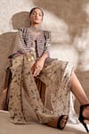 Buy_Aditi Somani_Beige Georgette, Brocade Tassels, Cut Work Printed Kimono Jacket And Pant Set _Online_at_Aza_Fashions