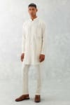 Devnaagri_Ivory Cotton, Silk Embroidery Thread Kurta With Pant _Online_at_Aza_Fashions