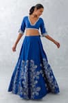 Buy_Devnaagri_Blue Raw And Organza Embroidery Thread Blunt V Neck Floral Lehenga Set _Online_at_Aza_Fashions