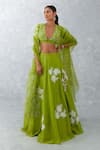 Devnaagri_Green Raw And Organza Embroidery Thread V Neck Floral Lehenga Set _Online_at_Aza_Fashions