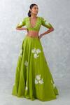 Buy_Devnaagri_Green Raw And Organza Embroidery Thread V Neck Floral Lehenga Set _Online_at_Aza_Fashions