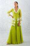 Devnaagri_Green Silk Organza, Cotton Satin Embroidery, Front Slit Kurta Sharara Set _at_Aza_Fashions