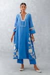 Devnaagri_Blue Silk Chanderi Embroidered Thread And Floral Pattern V Neck Straight Kurta Set _Online_at_Aza_Fashions