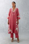 Devnaagri_Pink , Chanderi, Organza Embroidery Floral Thread Straight Kurta Set _Online_at_Aza_Fashions