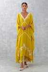 Devnaagri_Yellow Muslin Embroidered Dori And Thread Work V Neck Flower Kaftan & Pant Set _Online_at_Aza_Fashions