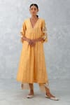 Buy_Devnaagri_Peach Chanderi And Organza Embroidered Thread & Ikat Print Kurta Set _Online_at_Aza_Fashions